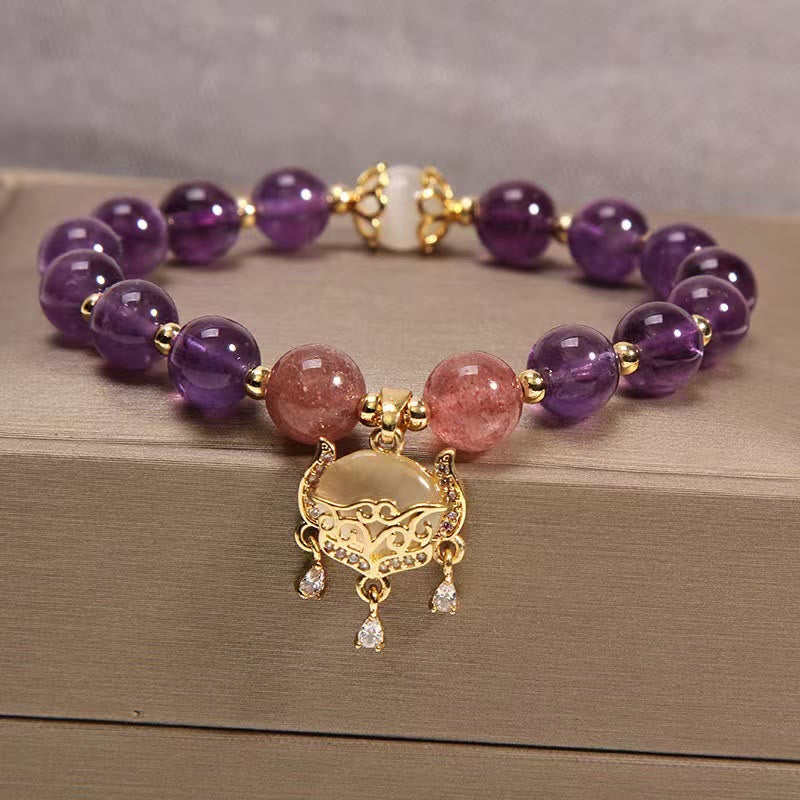 Bracelet de guérison à breloques en forme de cadenas chinois en améthyste naturelle et quartz fraise œil de chat - Améthyste, quartz fraise et œil de chat - image 1