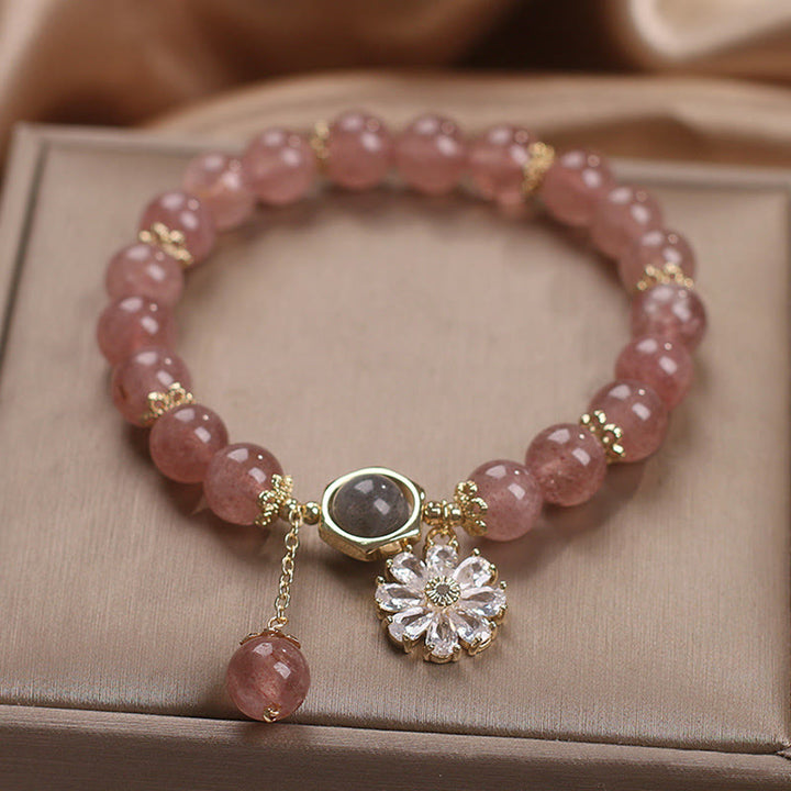 Bracelet de guérison positive avec breloque en forme de marguerite en cristal de quartz fraise naturel
