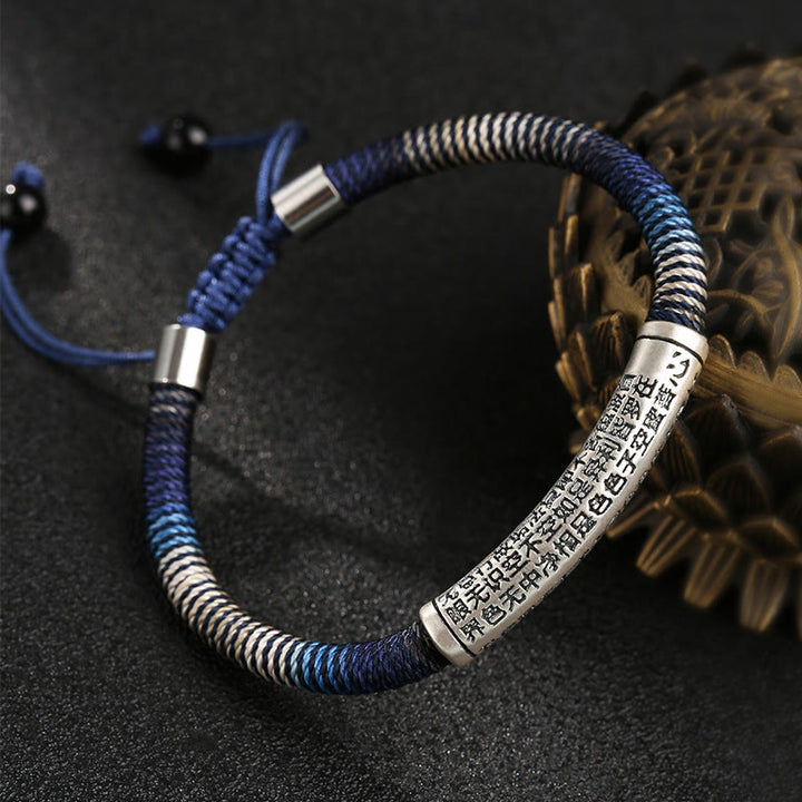 Bracelet tressé fait main en argent sterling 999 Buddha Stones et cœur Sutra Calme