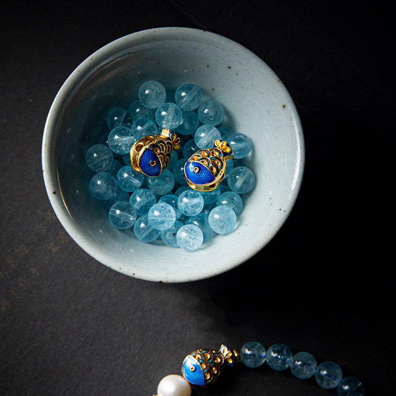 Bracelet de guérison en Buddha Stones, aigue-marine naturelle, lapis-lazuli et poisson - image 6