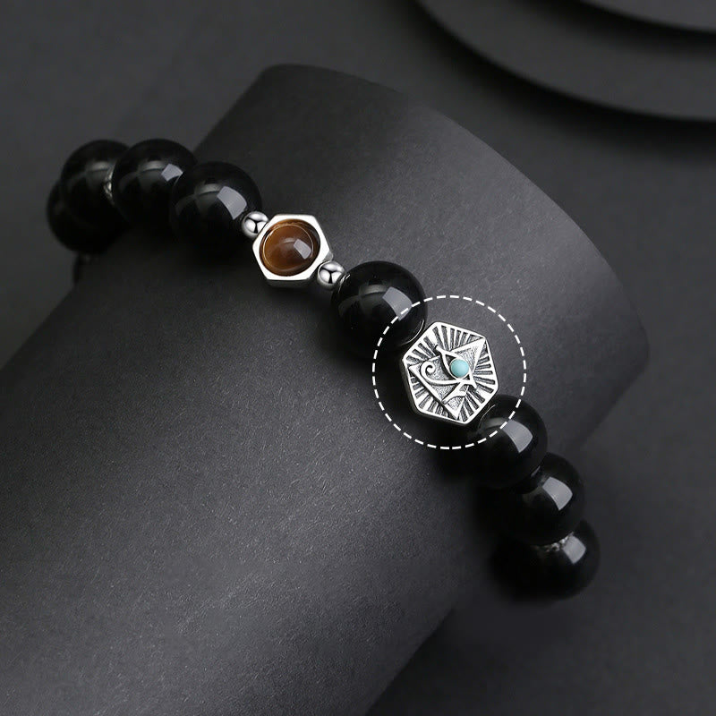 Bracelet de purification en argent sterling 925 avec Buddha Stones noire et œil de tigre de la Providence