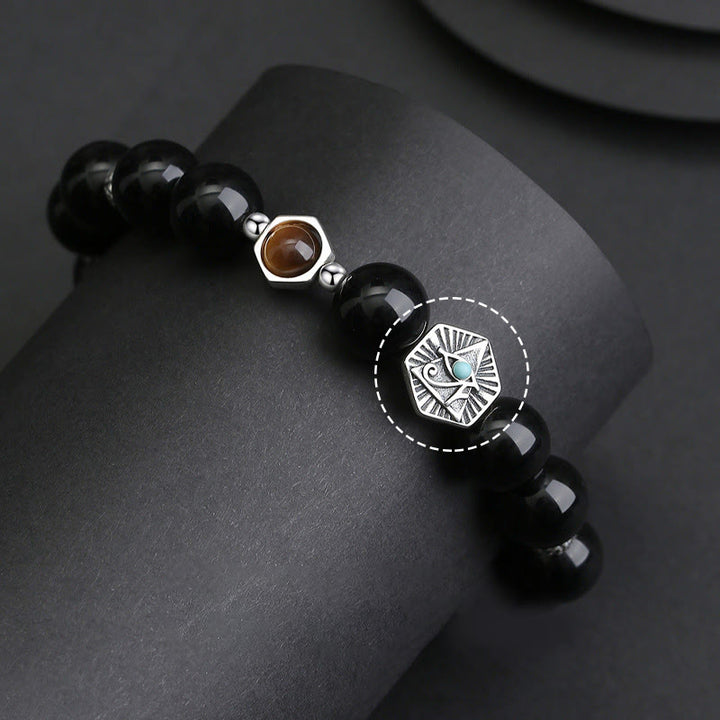 Bracelet de purification en argent sterling 925 avec Buddha Stones noire et œil de tigre de la Providence
