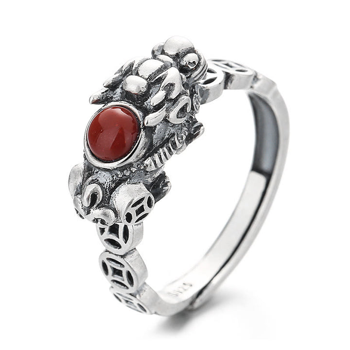 Buddha Stones PiXiu Pièce de monnaie en cuivre Agate rouge Bague de la richesse et de la chance