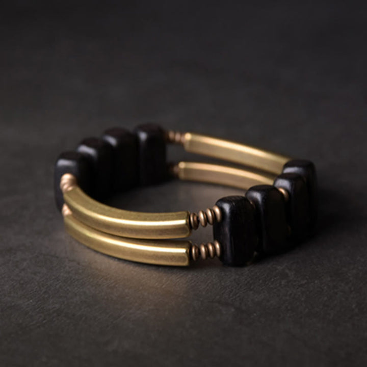 Bracelet double couche en bois d'ébène tibétain, laiton et cuivre, Buddha Stones - 17-17,5 cm - image 0