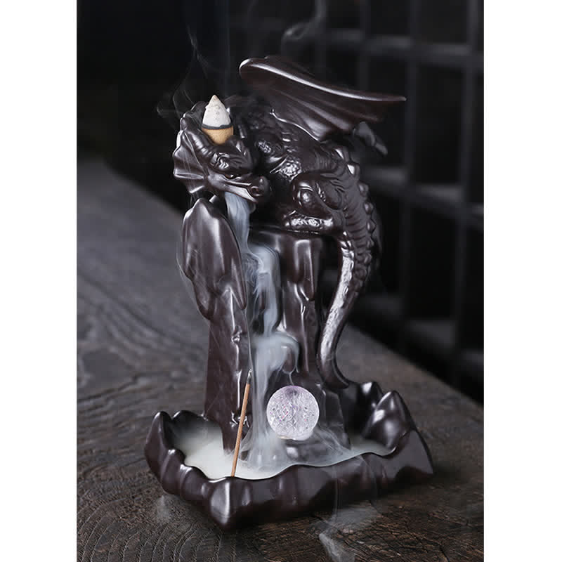 Fontaine à fumée à refoulement en céramique avec dragon nordique, brûleur d'encens de guérison et de méditation, décoration à boule LED