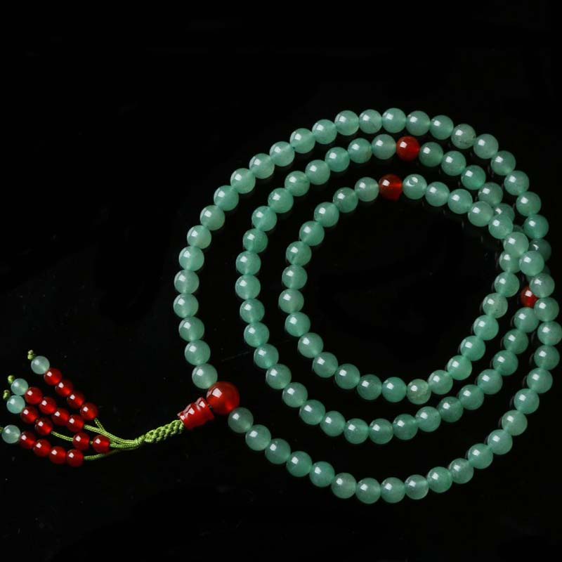 Bracelet Mala porte-bonheur en Buddha Stones, 108 perles, aventurine verte, agate rouge