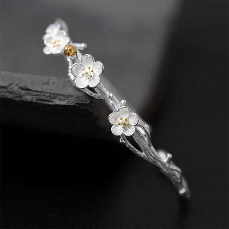 Bracelet réglable en argent sterling 925 Buddha Stones et fleur de prunier