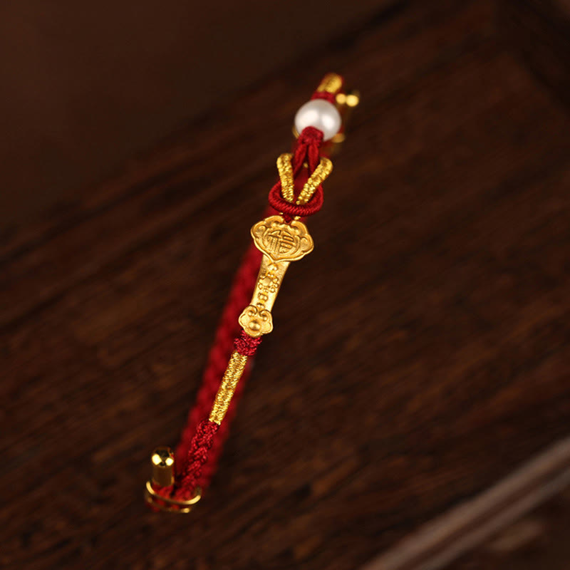 Bracelet tressé porte-bonheur en or 24 carats avec perles et lapin en forme de personnage Fu avec poignée Ruyi et Buddha Stones - image 3