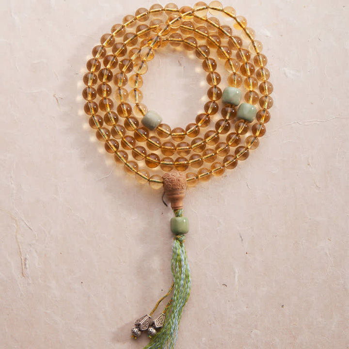Bracelet Mala 108 Buddha Stones, citrine, bois de santal, turquoise, protection et prospérité