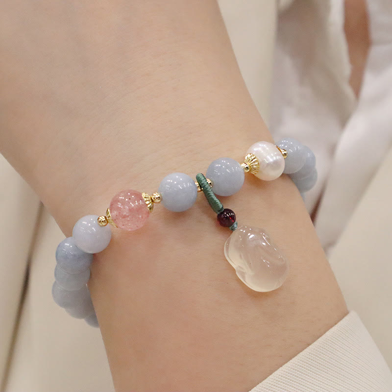 Bracelet à breloques en forme de lapin, de courge et de chat en Buddha Stones -marine naturelle, calcédoine, sérénité - Lapin Aigue-Marine Calcédoine - image 2