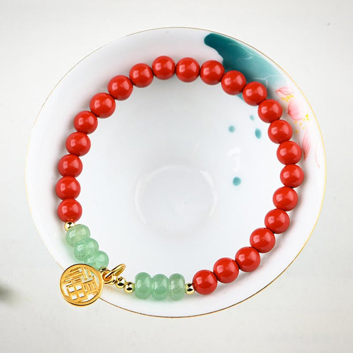 Collier porte-bonheur tibétain en aventurine verte et cinabre avec Buddha Stones