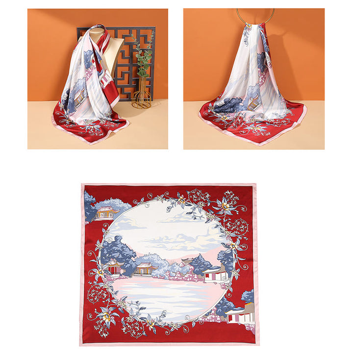 Foulard pour cheveux en soie de mûrier 100 % Buddha Stones et scène pastorale en montgolfière