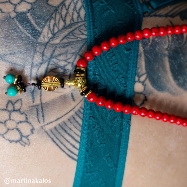 Collier et bracelet porte-bonheur Buddha Stones Mala rouge turquoise