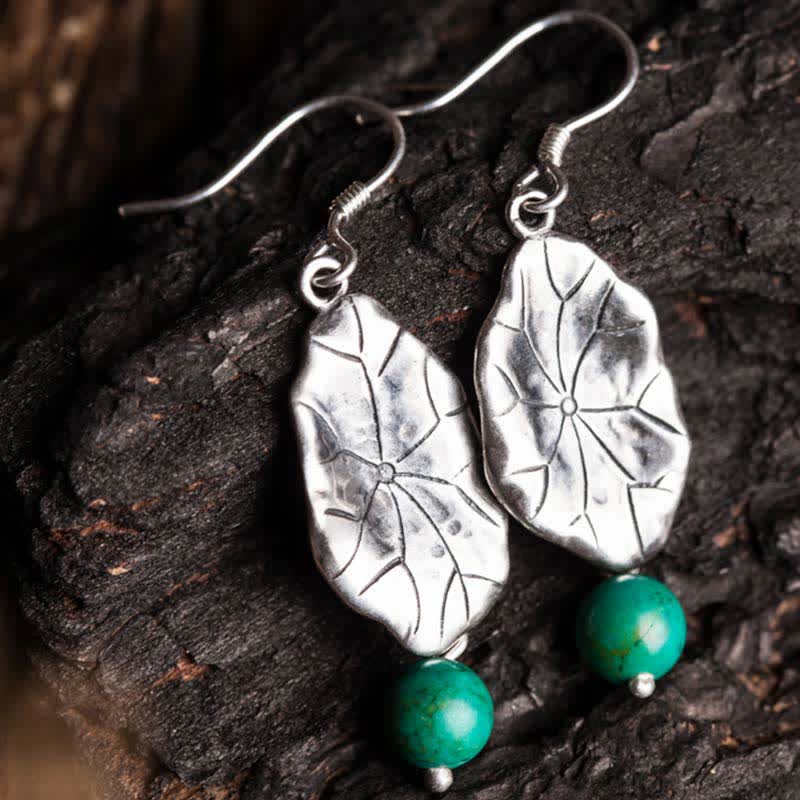 Buddha Stones Boucles d'oreilles pendantes en argent Sterling 925 Turquoise Feuille de Lotus Protection - image 1