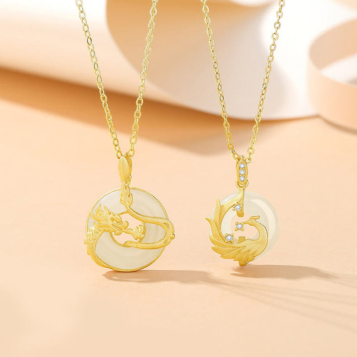 Collier pendentif porte-bonheur en argent sterling 925 avec Buddha Stones et jade Hetian de l'année du dragon et du phénix doré - image 0