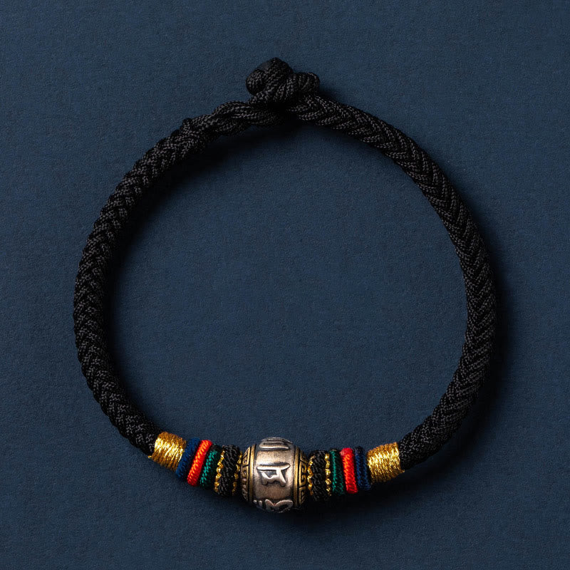 Bracelet tressé en argent sterling 925 fait à la main avec Buddha Stones Om Mani Padme Hum et nœud King Kong