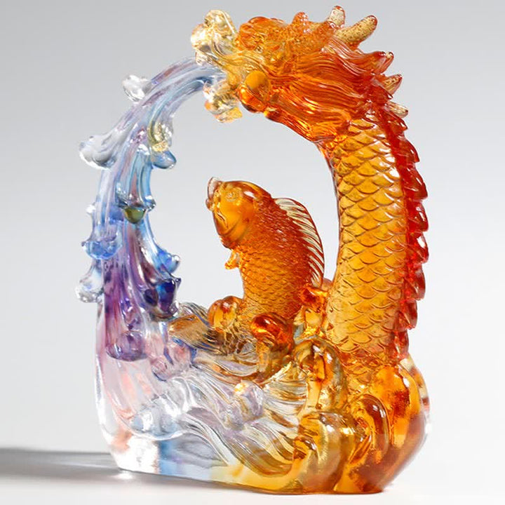 Buddha Stones Feng Shui Dragon Koi Fish Pièce d'art en cristal Liuli faite à la main Décoration de bureau à domicile