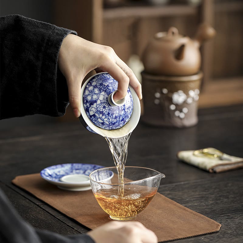 Tasse à thé et soucoupe en porcelaine bleue et blanche vintage en céramique Gaiwan Sancai Kung Fu avec couvercle