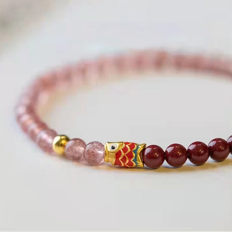 Bracelet de guérison porte-bonheur en quartz fraise et cinabre en Buddha Stones