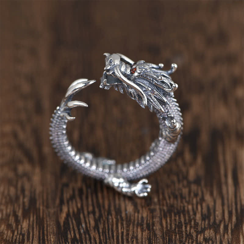 Bague de protection porte-bonheur en argent sterling 925 Buddha Stones et dragon