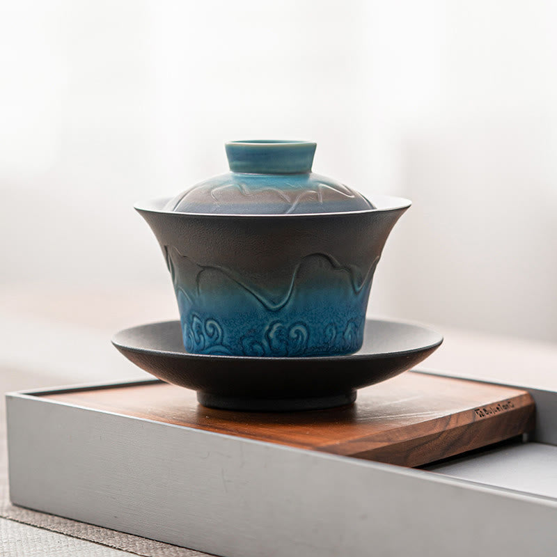 Tasse à thé et soucoupe en céramique avec couvercle en Buddha Stones, style rétro, bleu océan, vagues de la mer, dégradé, Gaiwan, Sancai