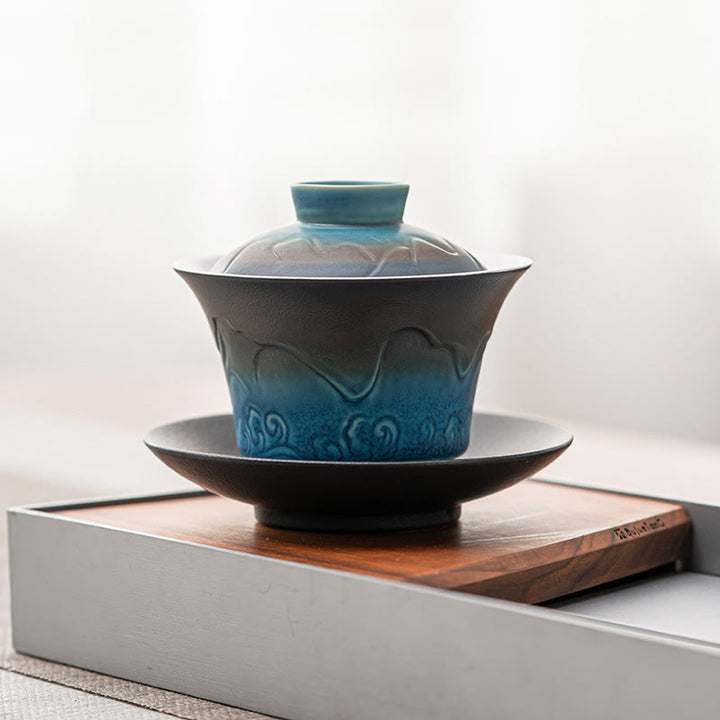 Tasse à thé et soucoupe en céramique avec couvercle en Buddha Stones, style rétro, bleu océan, vagues de la mer, dégradé, Gaiwan, Sancai