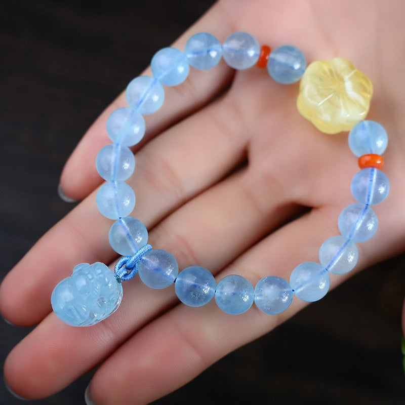 Bracelet à breloques de guérison et de paix Pixiu en ambre et aigue-marine naturelle - image 3