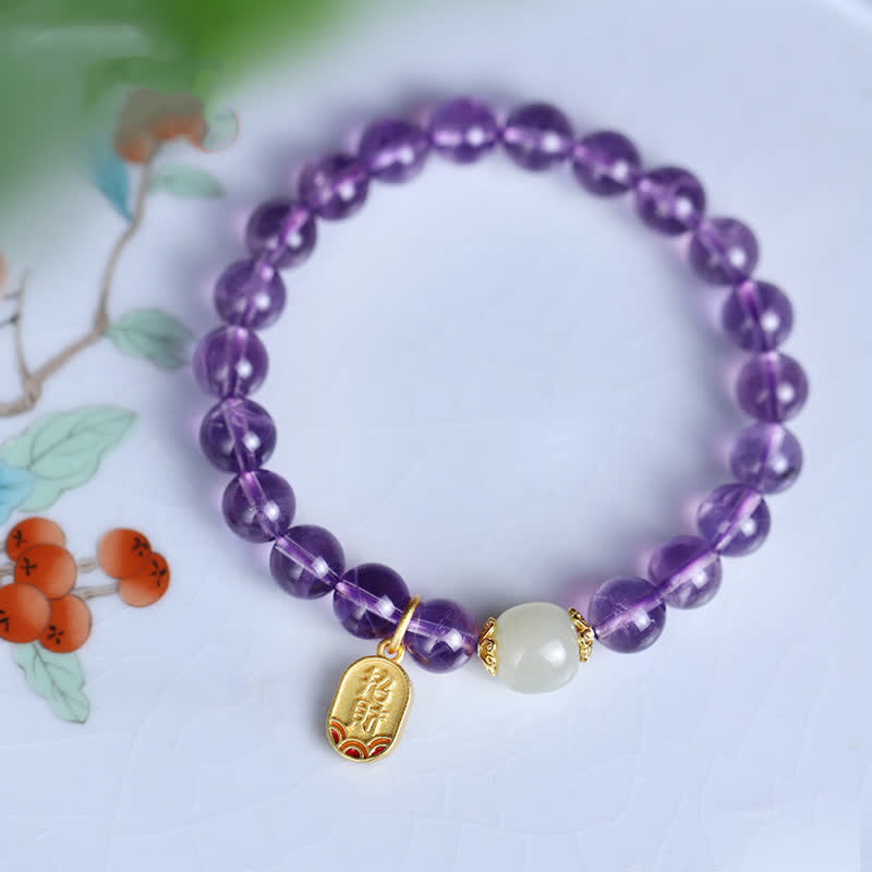 Bracelet de guérison en jade Hetian Buddha Stones et cristal d'améthyste naturel