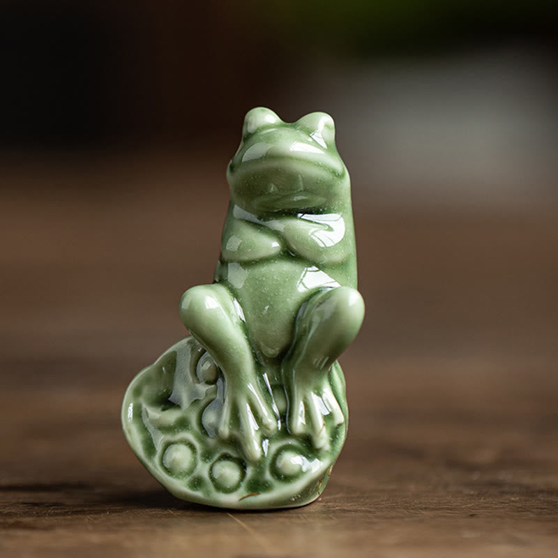 Buddha Stones Mini Petite Méditation Lotus Repos Grenouille Céramique Richesse Chance Maison Thé Animal Figurine Décoration - Petite grenouille Lotus 4*3,5*5,9 cm - image 9