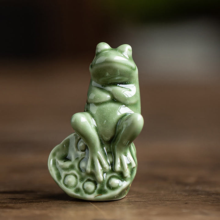 Buddha Stones Mini Petite Méditation Lotus Repos Grenouille Céramique Richesse Chance Maison Thé Animal Figurine Décoration - Petite grenouille Lotus 4*3,5*5,9 cm - image 9