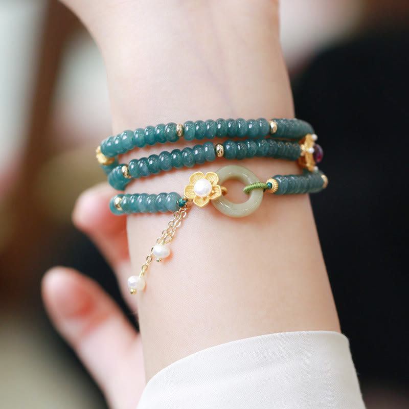 Bracelet triple tour en argent sterling 925 plaqué or avec fleur de jade cyan et boucle de paix Buddha Stones