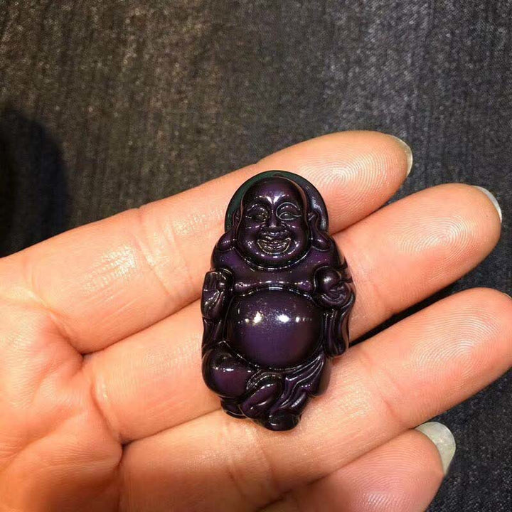 Collier pendentif Bouddha rieur en obsidienne arc-en-ciel naturelle pour la paix intérieure