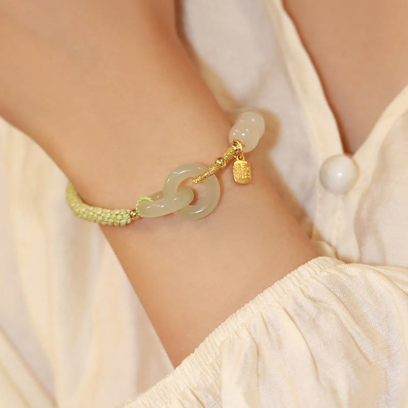 Bracelet tressé en perles de jade Hetian naturelles de Buddha Stones avec boucle de paix double et caractère Fu