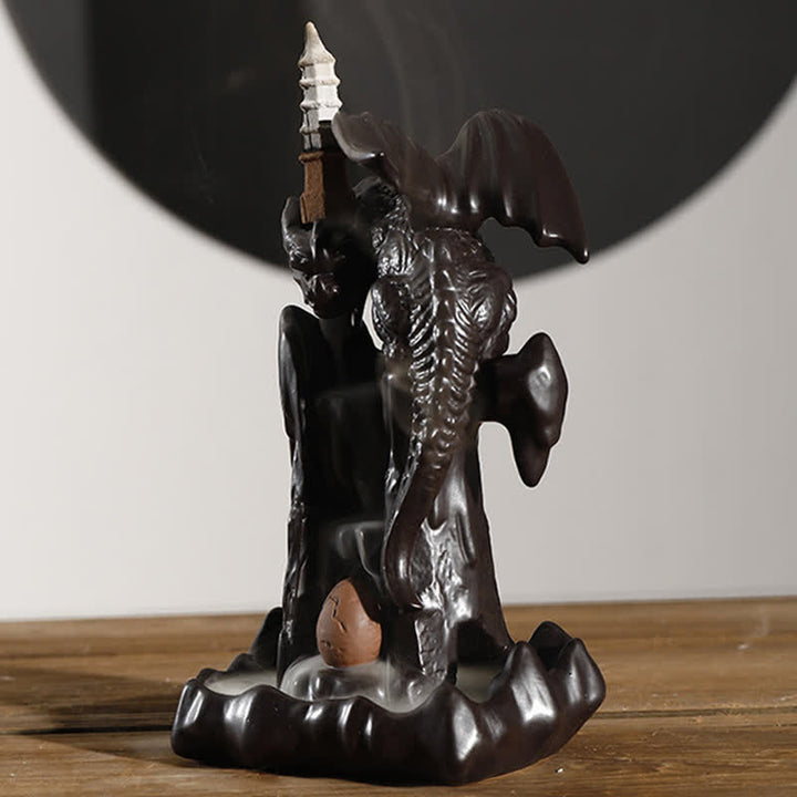 Fontaine à fumée à refoulement en céramique avec dragon nordique, brûleur d'encens de guérison et de méditation, décoration à boule LED