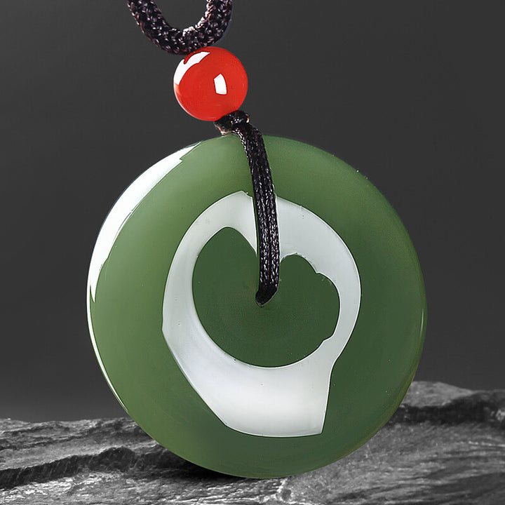 Collier avec pendentif en jade rond naturel et Buddha Stones, boucle de paix et de prospérité