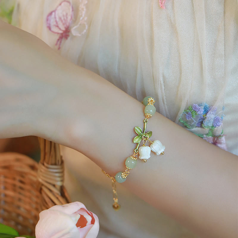 Bracelet chaîne de prospérité en perles de jade vert et muguet de Buddha Stones