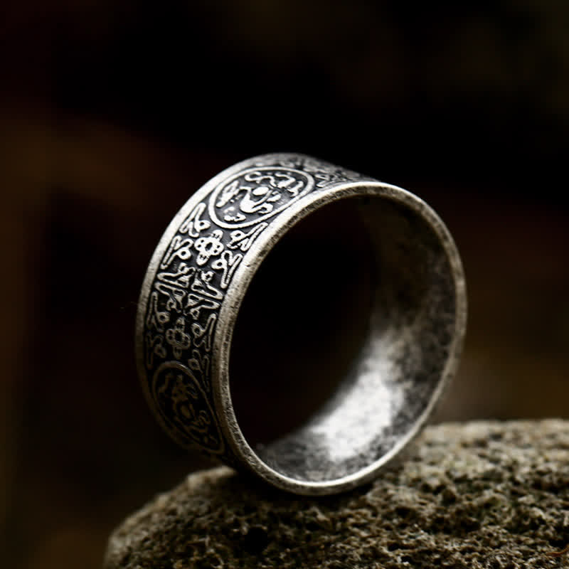 Bague porte-bonheur sculptée en basalte de Suzaku avec quatre Buddha Stones, dragon, bête gardienne, tigre blanc