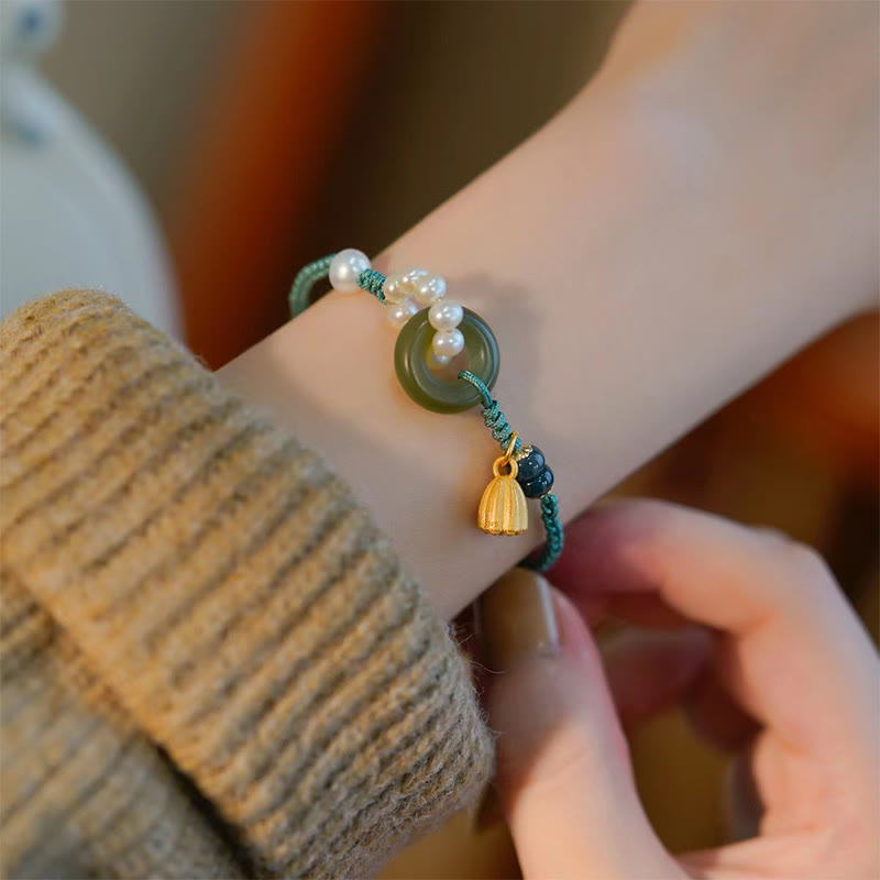 Bracelet tressé artisanal en Buddha Stones Hetian naturel avec boucle de paix et perles de chance