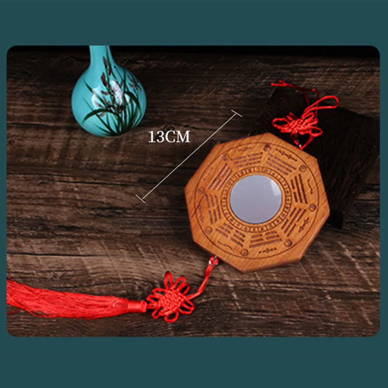Carte Feng Shui Bagua Pièces de monnaie des cinq empereurs en bois de pêche Nœud chinois Carte énergétique d'équilibre Miroir