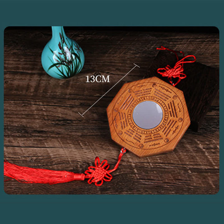 Carte Feng Shui Bagua Pièces de monnaie des cinq empereurs en bois de pêche Nœud chinois Carte énergétique d'équilibre Miroir