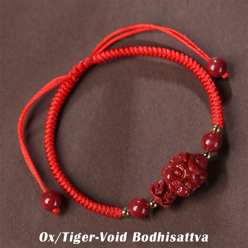 Bracelet en cordon avec amulette de bénédiction en cinabre et Buddha Stones du zodiaque chinois