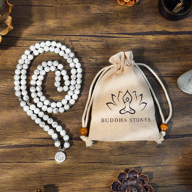 Bracelet Mala de guérison en Buddha Stones et lotus blanc turquoise
