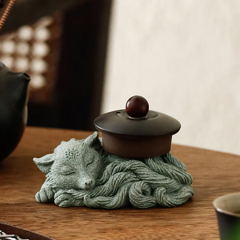 Buddha Stones Petit Renard à Neuf Queues Protection Maison Thé Animal Figurine Décoration