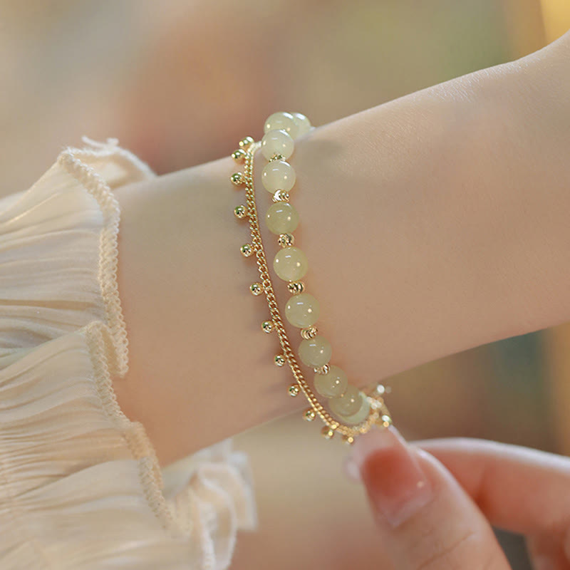 Bracelet de prospérité porte-bonheur en perles de jade Hetian plaqué or 14 carats à 2 couches