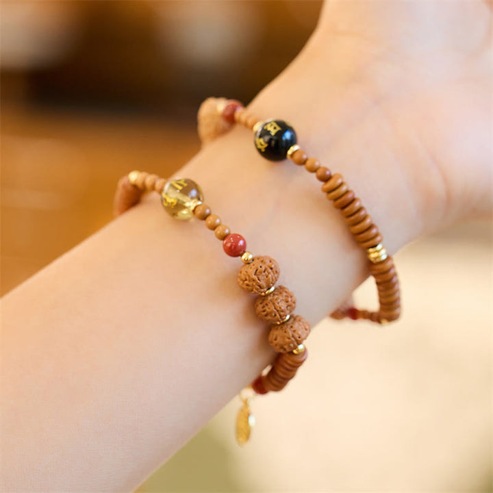 Bracelet de richesse en Buddha Stones tibétaines Bodhi Seed Onyx noir Quartz fumé Om Mani Padme Hum Fu