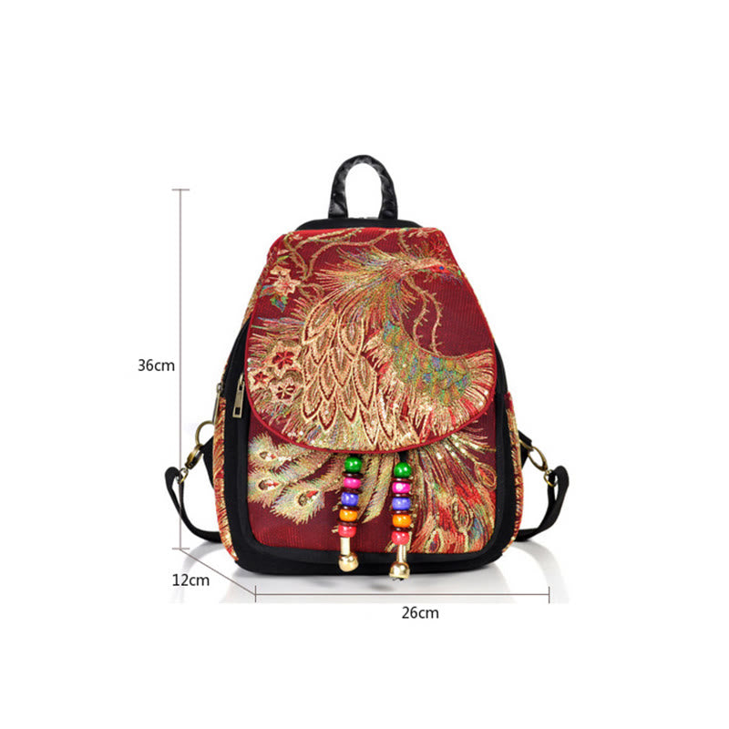 Sac à dos à pompons en toile avec broderies de paon et Buddha Stones