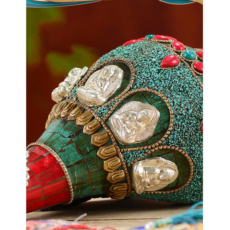 Tibétain fait à la main Shankha Om Mani Padme Hum bouddha Avalokitesvara coquille de conque Turquoise décoration positive - image 7