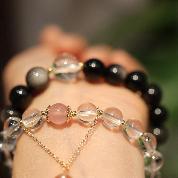 Bracelet de couple en obsidienne argentée naturelle avec cristal rose et cristal blanc, protection couleur Yin Yang - image 6
