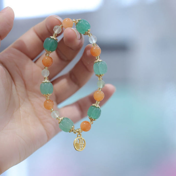 Bracelet de richesse avec breloque en jade et soie Buddha Stones naturelle en forme de citrouille et de caractère Fu