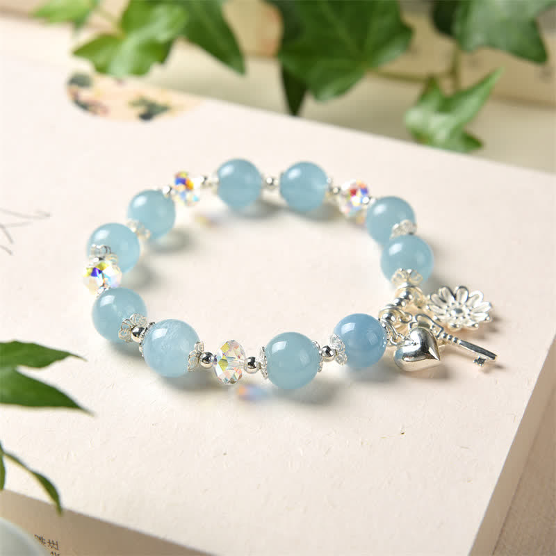 Bracelet à Buddha Stones en argent sterling 925 avec aigue-marine naturelle et clé d'amour en forme de fleur de sérénité - image 5